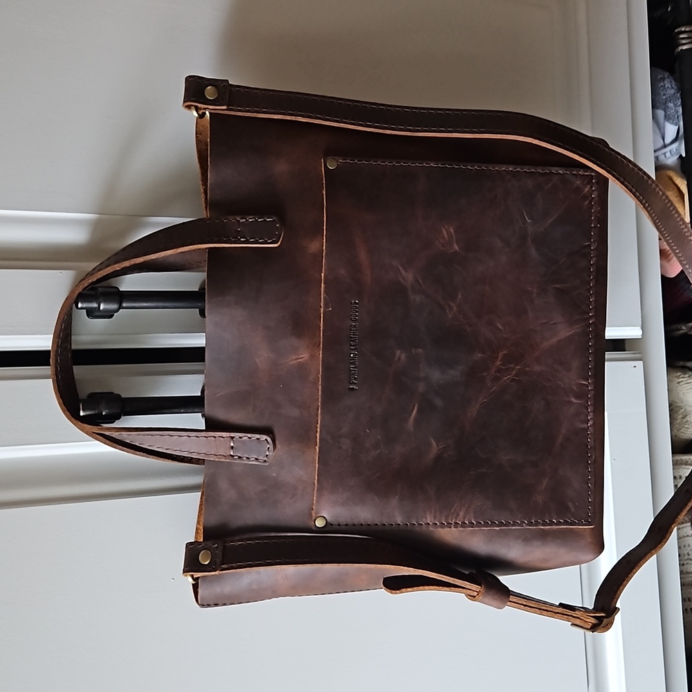 Leather Tote Bag with Front Pocket - Brown